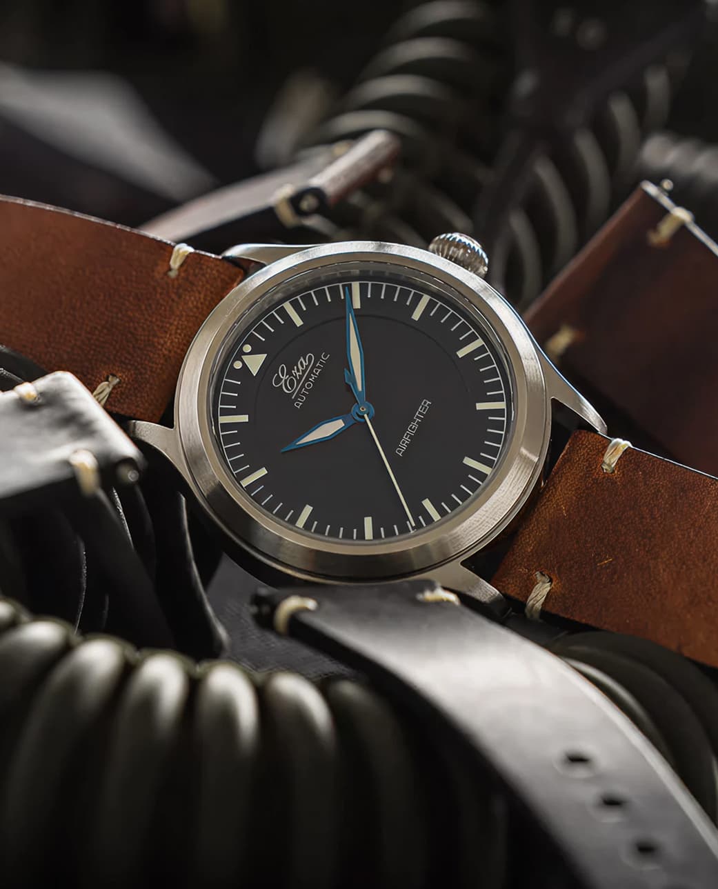 An Airfighter Eza watch with a leather strap